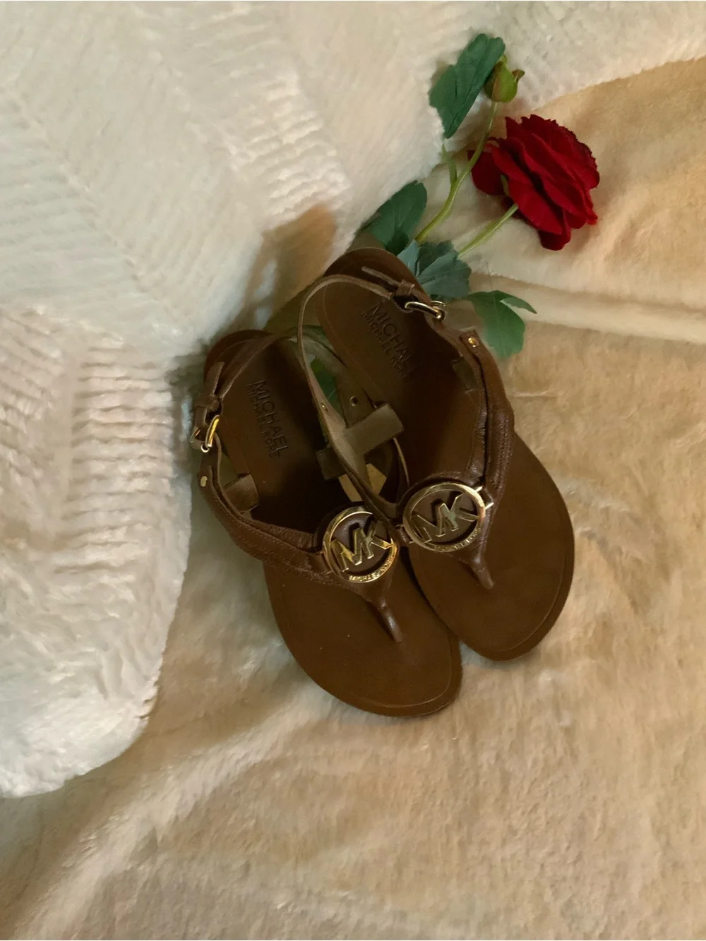 Michael Kors Brown Girls' MK Logo T-Strap Sandals